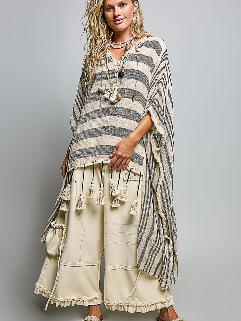 NEW!!! POL Striped Tassel Poncho Top in Beige and Charcoal, NWT